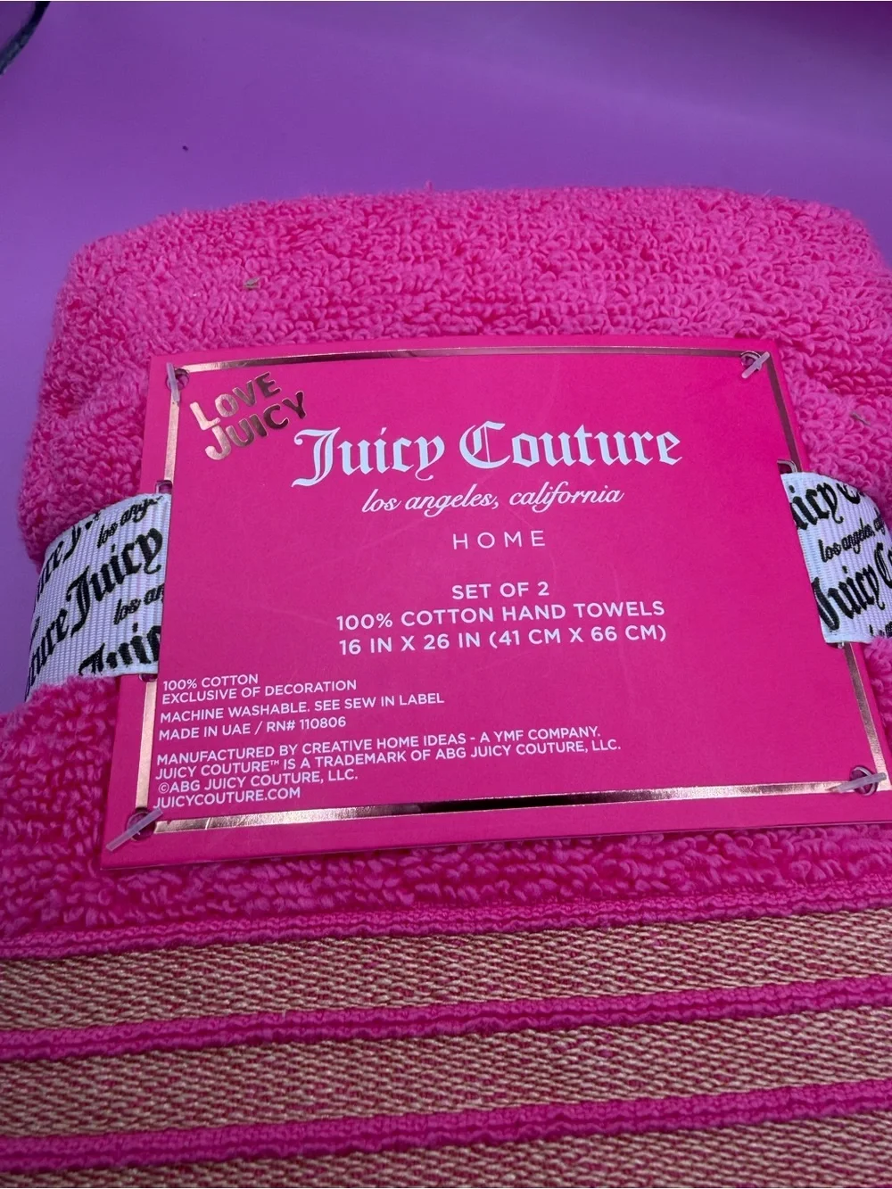 Juicy Couture Pink with Gold Stripes Hand Towels